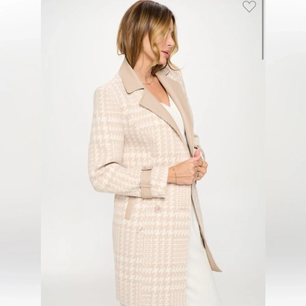 Elegant Cream Houndstooth Women's Coat EUC - Picture 2 of 4